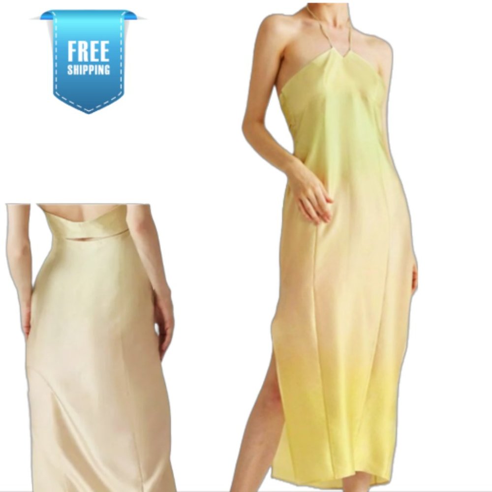 (NWT) 100% Slik Melon Peach Slit Silk Maxi Dress - Melon Peach, S